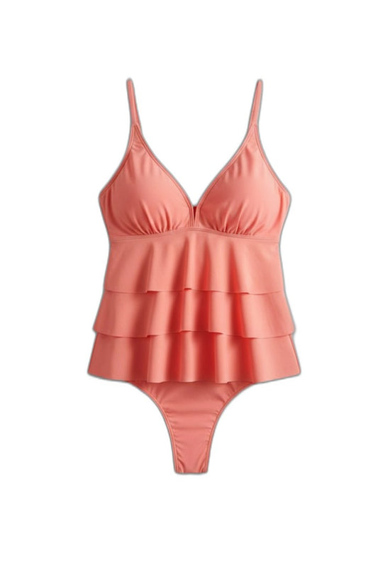 Stylish Orange Swimsuit for Women with V Neck Sleeveless Tiered Ruffle Vacation Style