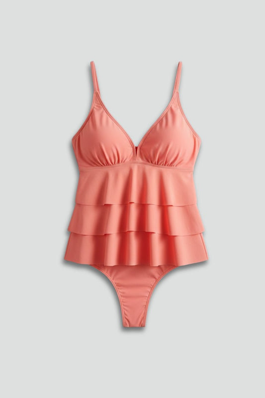 Stylish Orange Swimsuit for Women with V Neck Sleeveless Tiered Ruffle Vacation Style