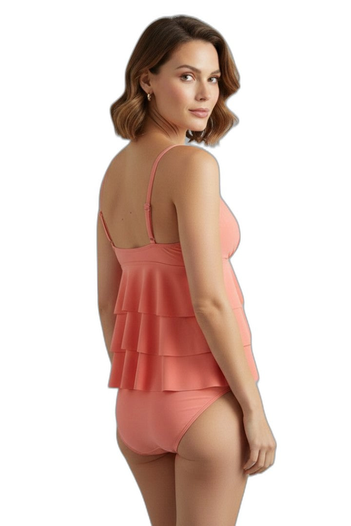 Stylish Orange Swimsuit for Women with V Neck Sleeveless Tiered Ruffle Vacation Style