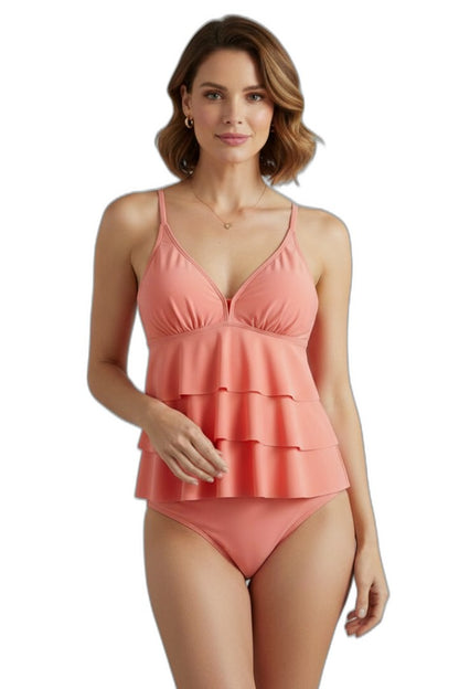 Stylish Orange Swimsuit for Women with V Neck Sleeveless Tiered Ruffle Vacation Style