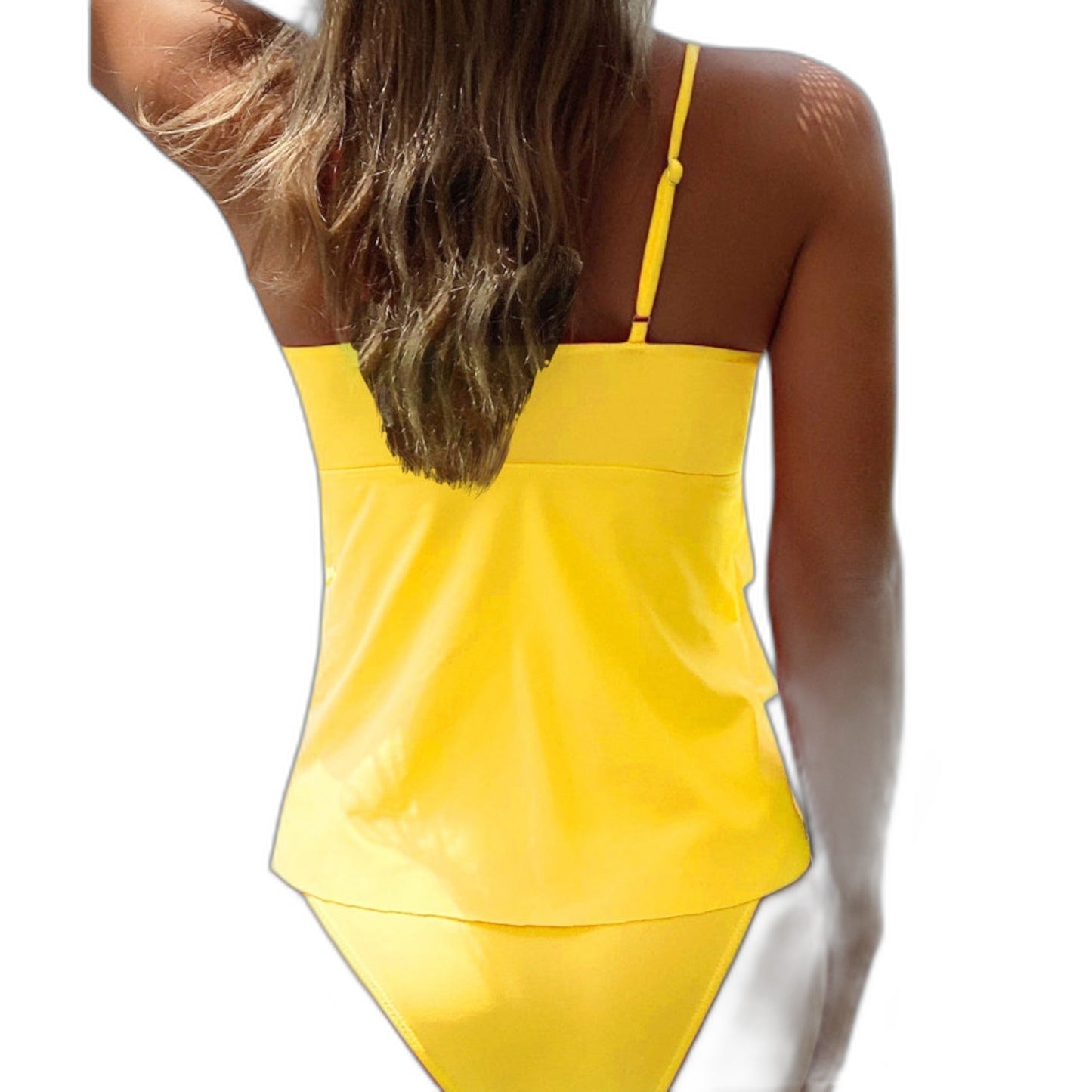 Stylish Orange Swimsuit for Women with V Neck Spaghetti Strap Tiered Ruffle Vacation Style