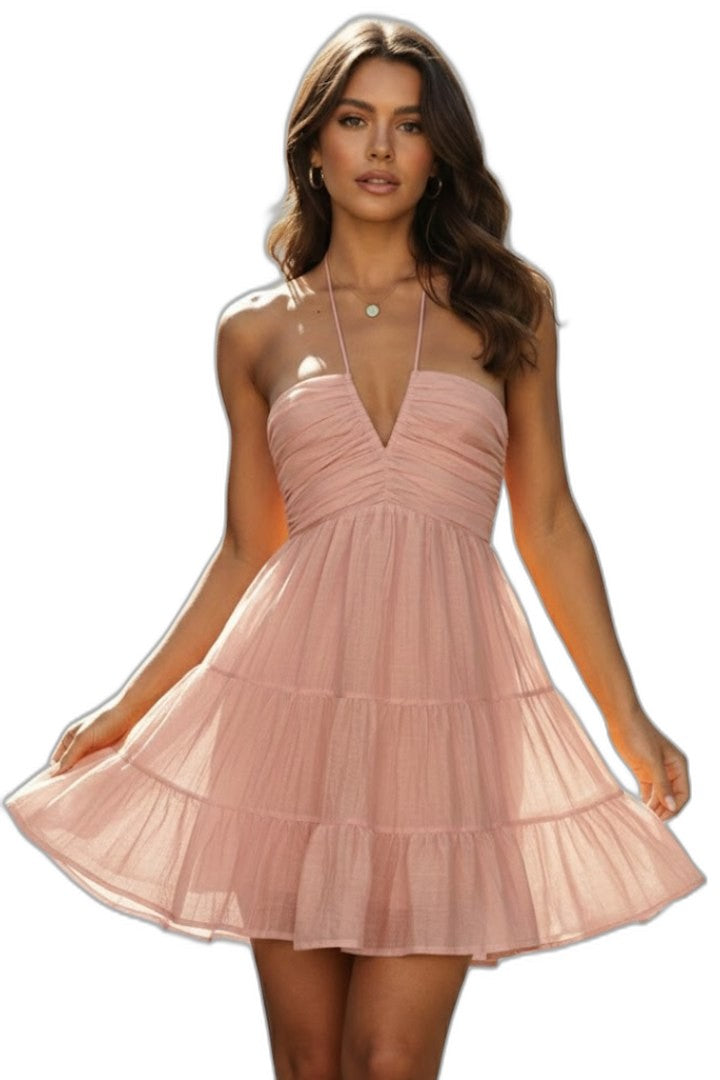 Stylish Pink Mesh Swimsuit for Women with Halter Sleeveless Tiered Flowing Vacation Style