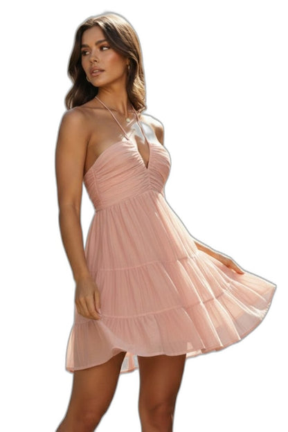 Stylish Pink Mesh Swimsuit for Women with Halter Sleeveless Tiered Flowing Vacation Style