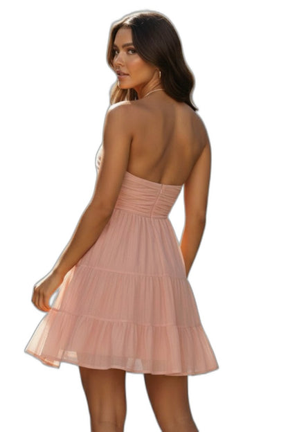 Stylish Pink Mesh Swimsuit for Women with Halter Sleeveless Tiered Flowing Vacation Style