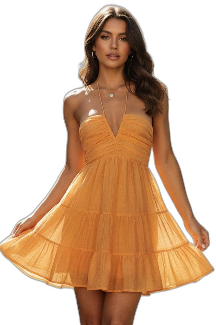Stylish Pink Mesh Swimsuit for Women with Halter Sleeveless Tiered Flowing Vacation Style