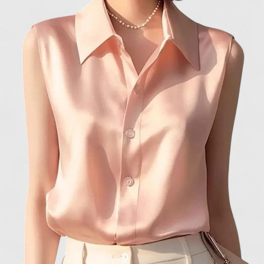 Stylish Pink Satin Blouse for Women with Collared Long Sleeve Button Front Office Style