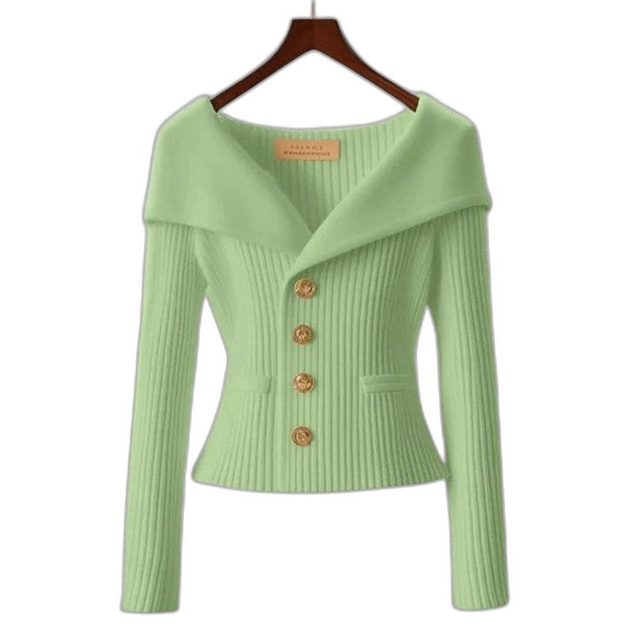 Stylish Purple Knit Cardigan Sweater for Women with Off Shoulder Long Sleeve Button Front Fit And Flare Party Style