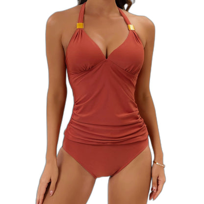 Stylish Sage Green Swimsuit for Women with Halter Sleeveless Ruched Vacation Style