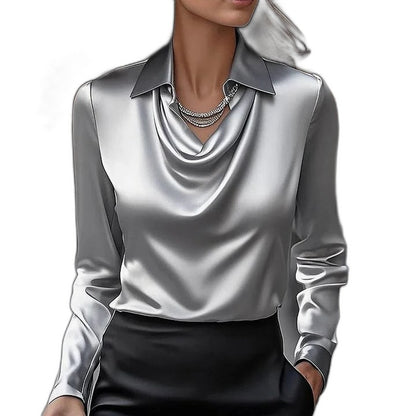 Stylish Silver Satin Blouse for Women with Cowl Neck Long Sleeve Office Style