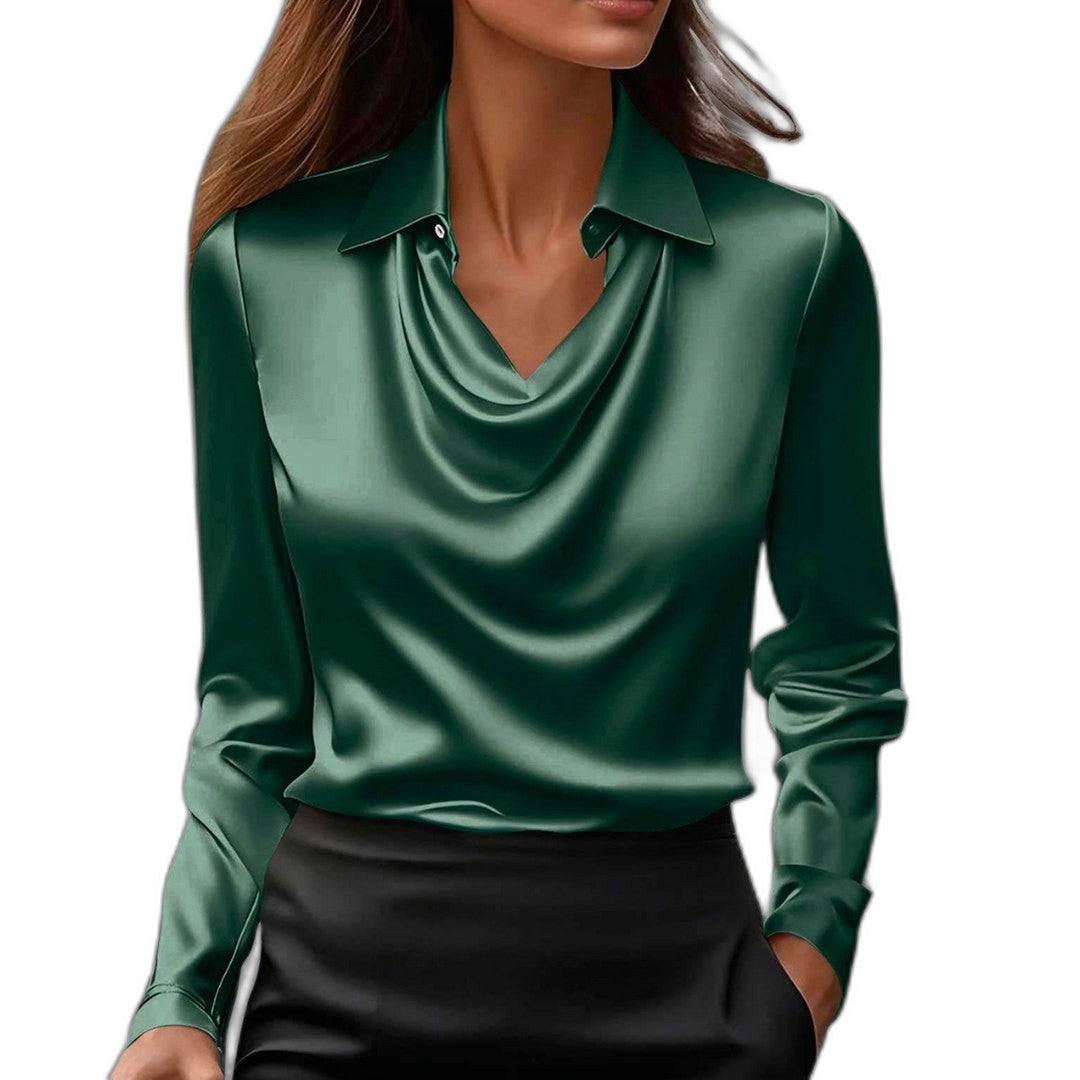 Stylish Silver Satin Blouse for Women with Cowl Neck Long Sleeve Office Style