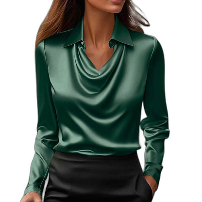 Stylish Silver Satin Blouse for Women with Cowl Neck Long Sleeve Office Style