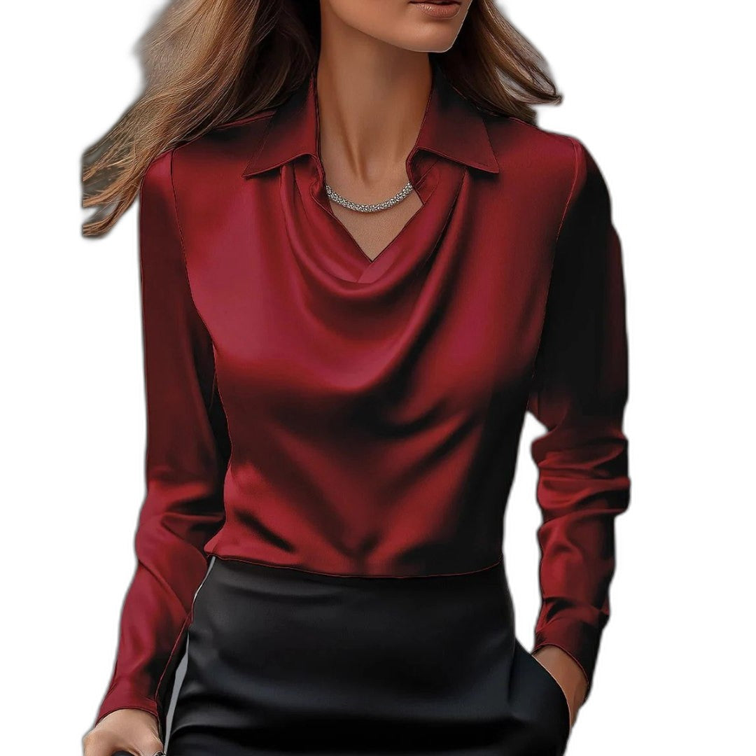 Stylish Silver Satin Blouse for Women with Cowl Neck Long Sleeve Office Style