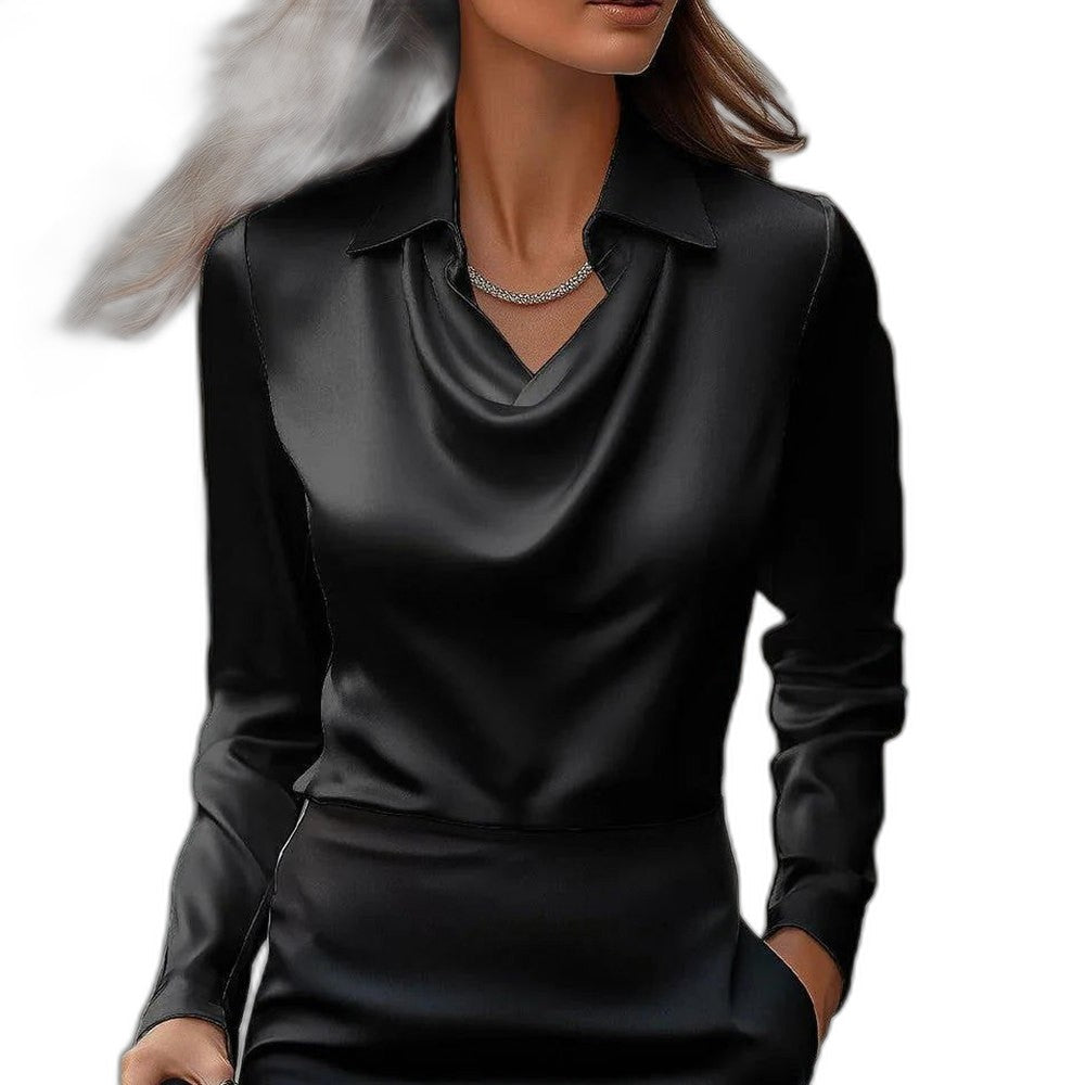 Stylish Silver Satin Blouse for Women with Cowl Neck Long Sleeve Office Style