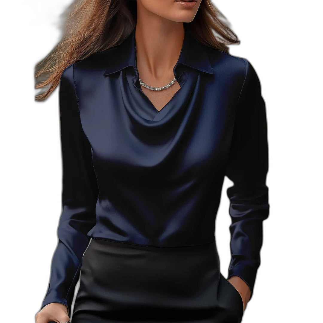 Stylish Silver Satin Blouse for Women with Cowl Neck Long Sleeve Office Style