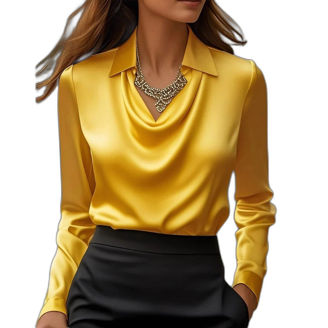 Stylish Silver Satin Blouse for Women with Cowl Neck Long Sleeve Office Style