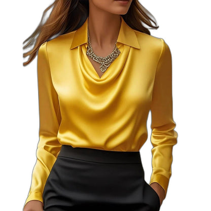 Stylish Silver Satin Blouse for Women with Cowl Neck Long Sleeve Office Style