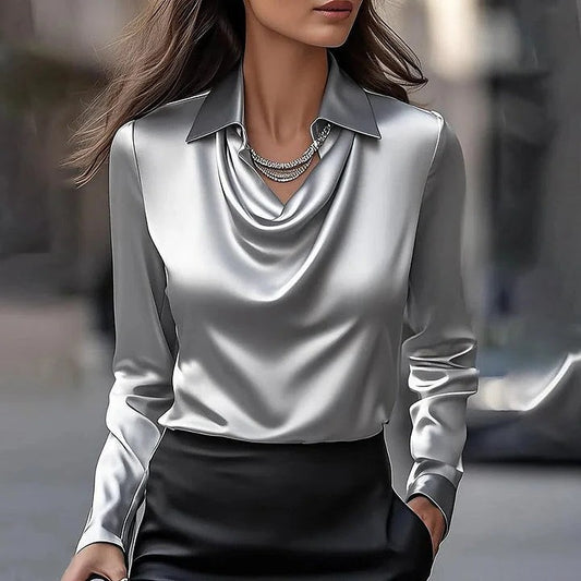 Stylish Silver Satin Blouse for Women with Cowl Neck Long Sleeve Office Style