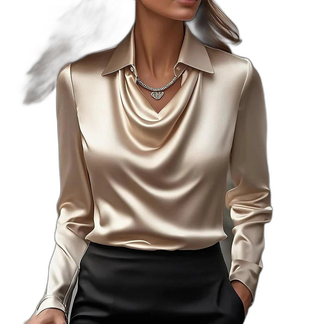 Stylish Silver Satin Blouse for Women with Cowl Neck Long Sleeve Office Style