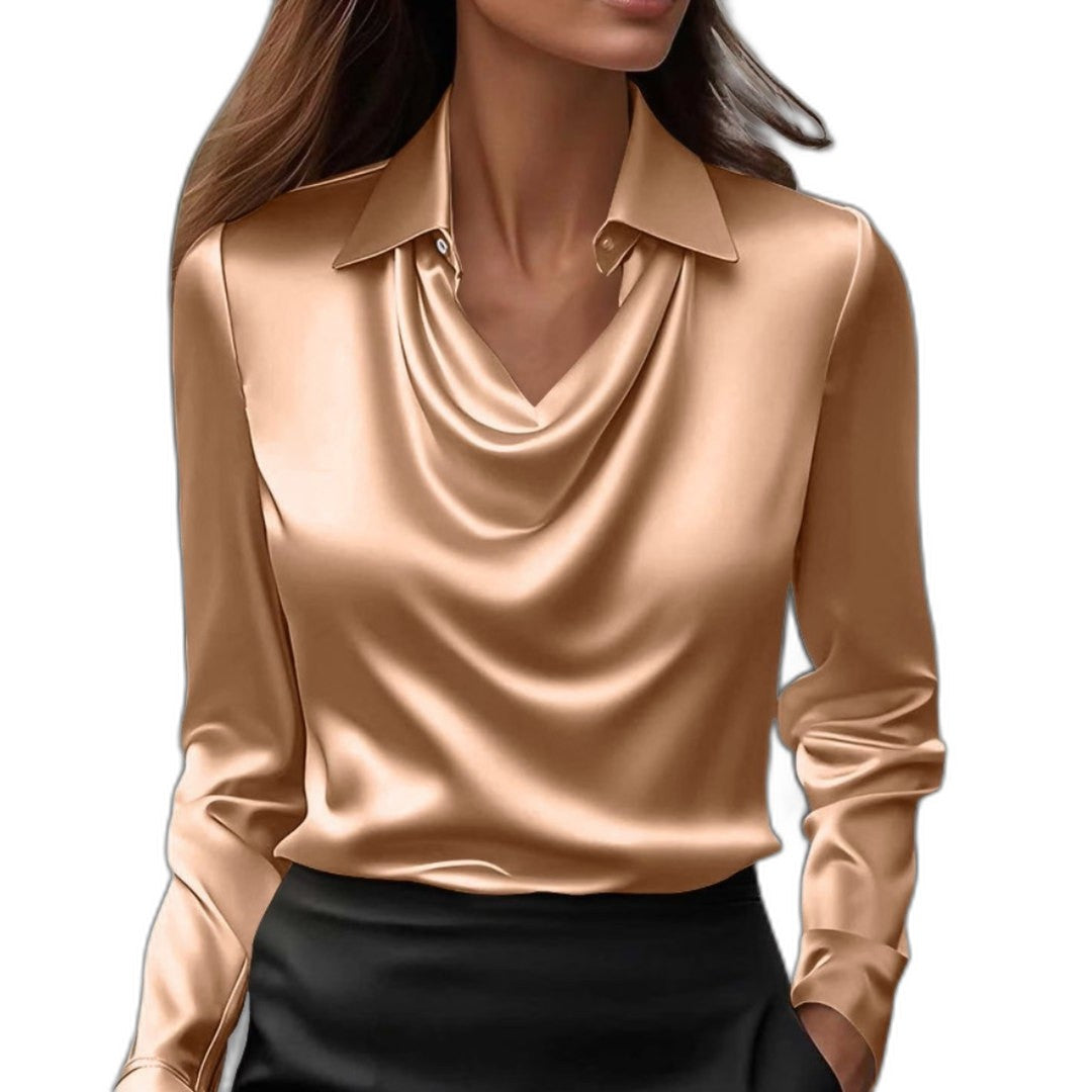 Stylish Silver Satin Blouse for Women with Cowl Neck Long Sleeve Office Style