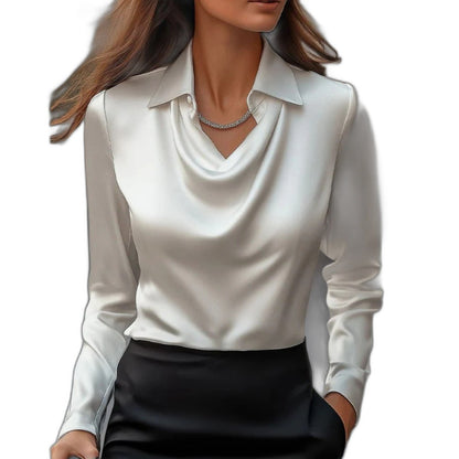 Stylish Silver Satin Blouse for Women with Cowl Neck Long Sleeve Office Style