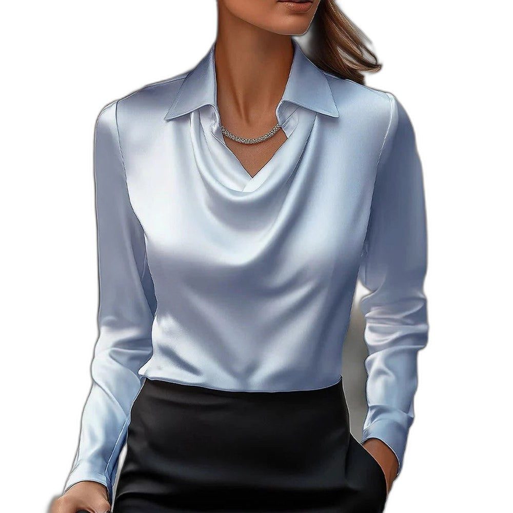 Stylish Silver Satin Blouse for Women with Cowl Neck Long Sleeve Office Style