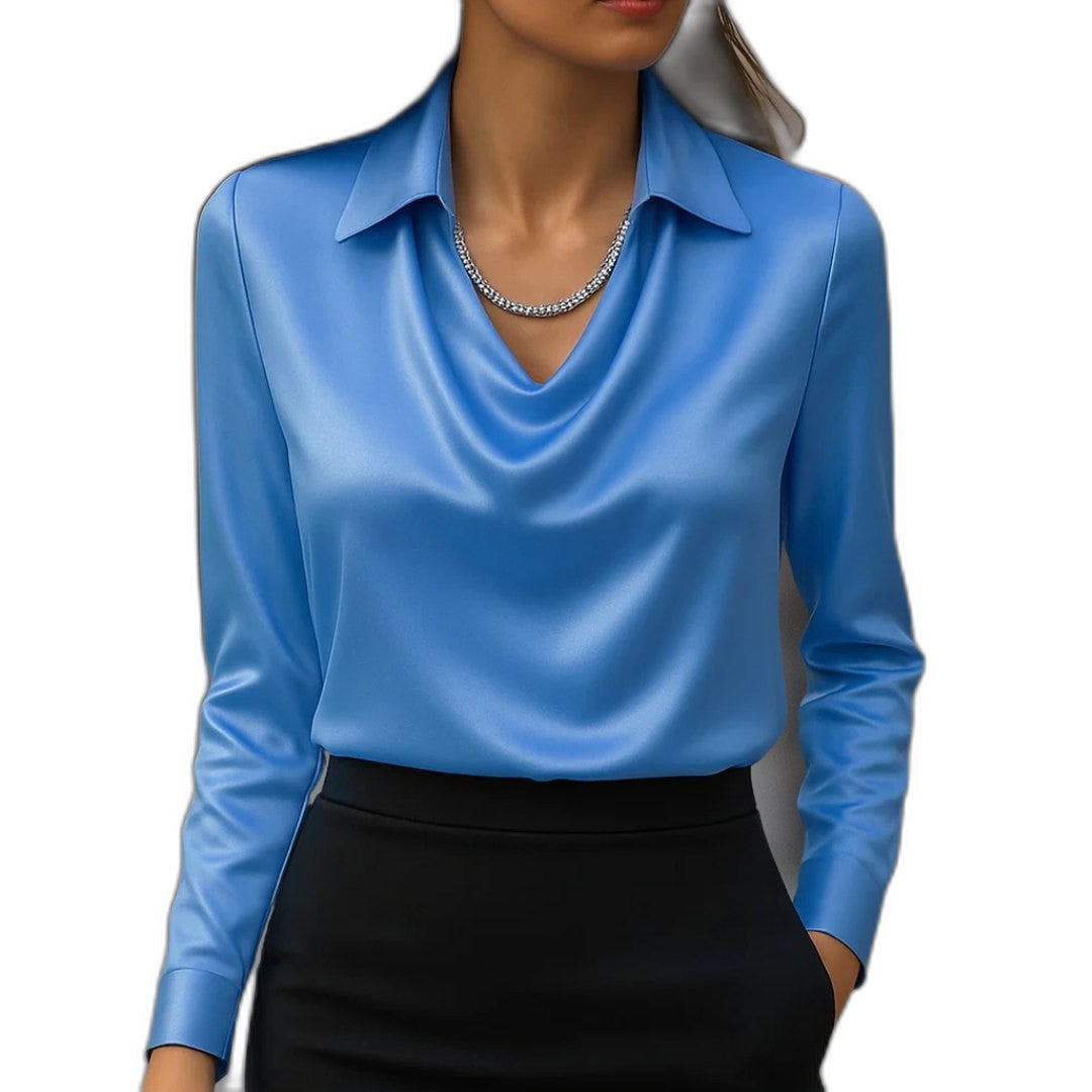 Stylish Silver Satin Blouse for Women with Cowl Neck Long Sleeve Office Style