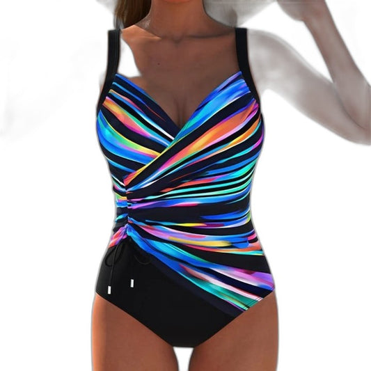 Stylish Striped Swimsuit for Women with Sweetheart Sleeveless Ruched Vacation Style