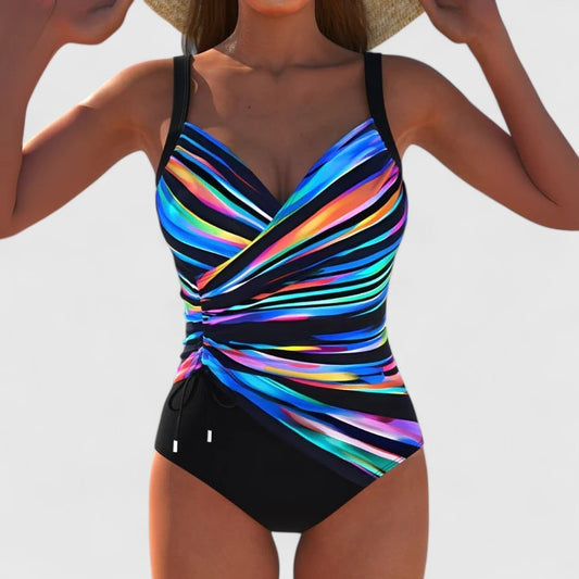 Stylish Striped Swimsuit for Women with Sweetheart Sleeveless Ruched Vacation Style