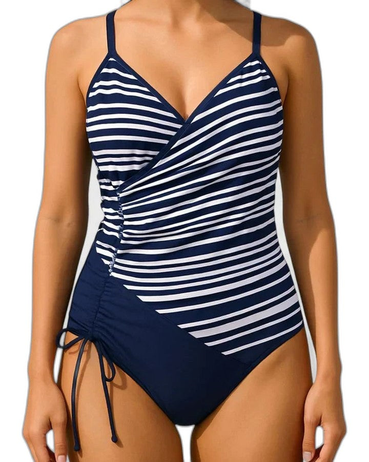 Stylish Striped Swimsuit for Women with V Neck Sleeveless Wrap Ruched Vacation Style