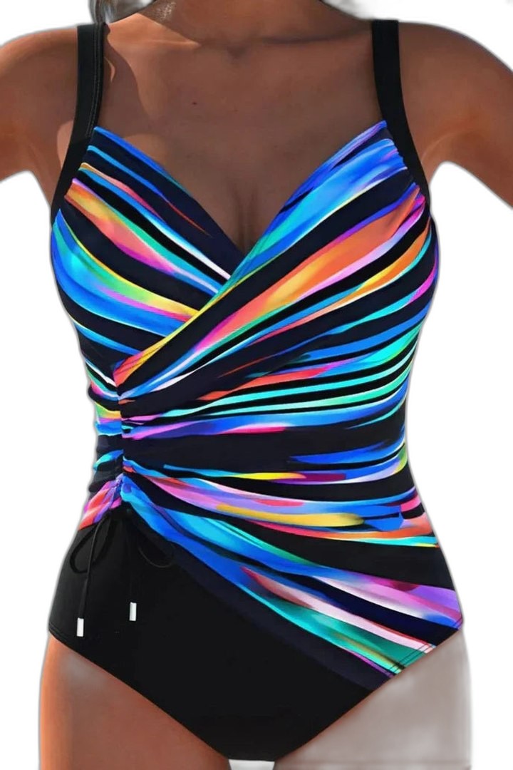 Stylish Striped Swimsuit for Women with V Neck Sleeveless Wrap Ruched Vacation Style
