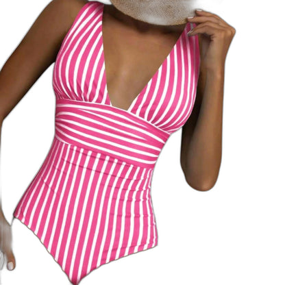 Stylish Striped Swimsuit for Women with V Neck Sleeveless Wrap Vacation Style