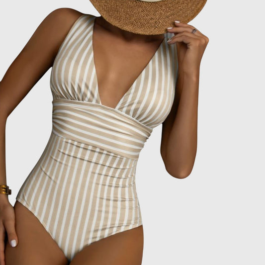 Stylish Striped Swimsuit for Women with V Neck Sleeveless Wrap Vacation Style