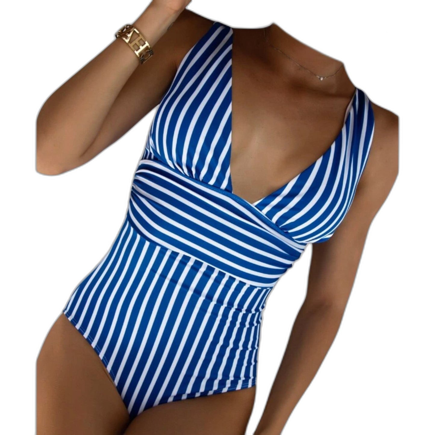 Stylish Striped Swimsuit for Women with V Neck Sleeveless Wrap Vacation Style