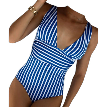 Stylish Striped Swimsuit for Women with V Neck Sleeveless Wrap Vacation Style