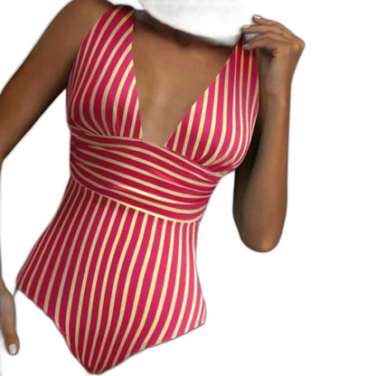 Stylish Striped Swimsuit for Women with V Neck Sleeveless Wrap Vacation Style