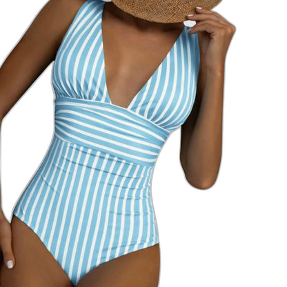 Stylish Striped Swimsuit for Women with V Neck Sleeveless Wrap Vacation Style