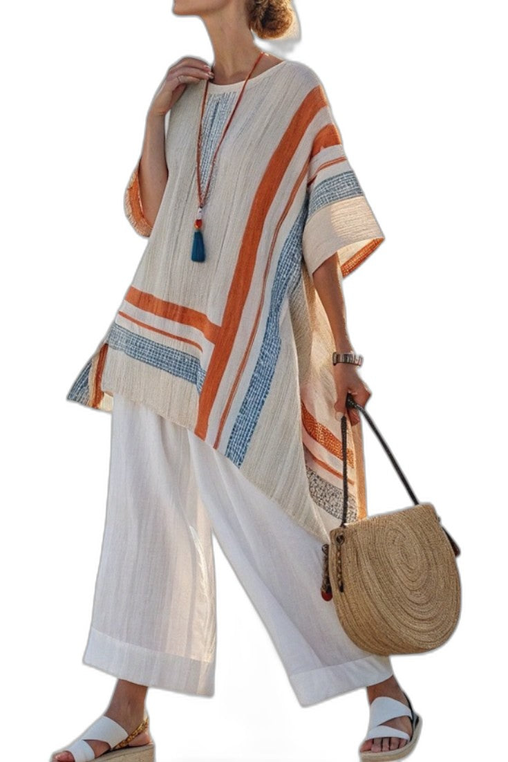 Stylish Striped Two Piece Set for Women with Asymmetric Wide Leg Flowing Vacation Style