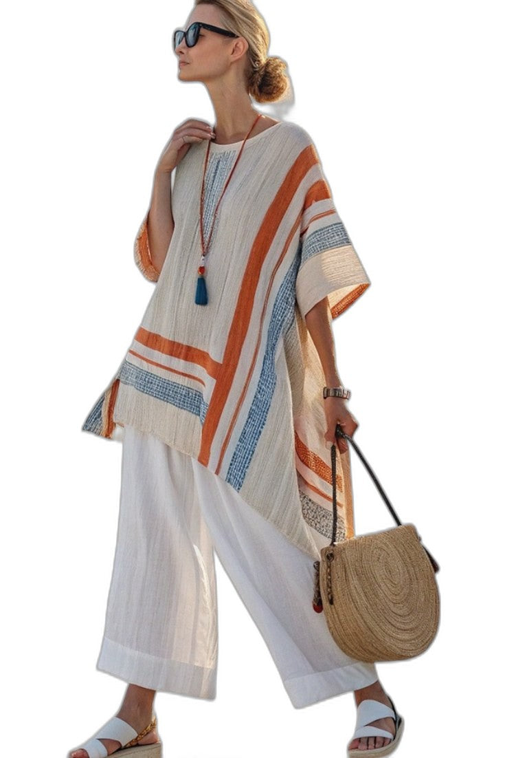 Stylish Striped Two Piece Set for Women with Asymmetric Wide Leg Flowing Vacation Style
