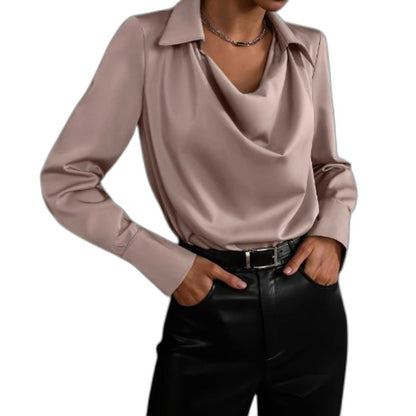 Stylish Tan Satin Blouse for Women with Cowl Neck Long Sleeve Office Style