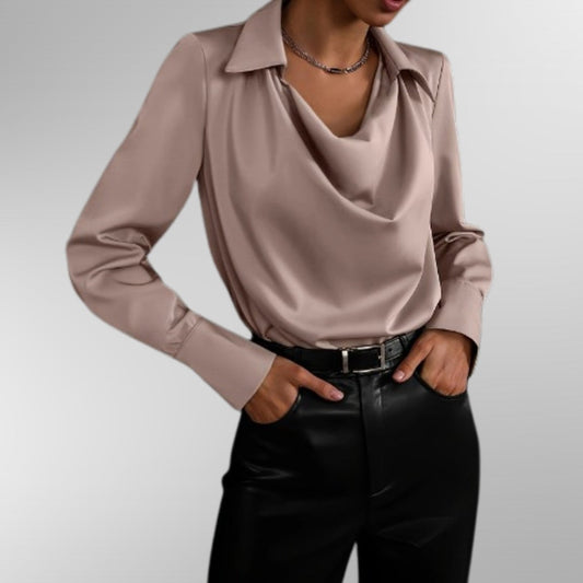 Stylish Tan Satin Blouse for Women with Cowl Neck Long Sleeve Office Style