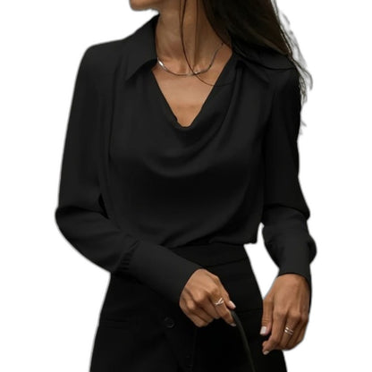 Stylish Tan Satin Blouse for Women with Cowl Neck Long Sleeve Office Style