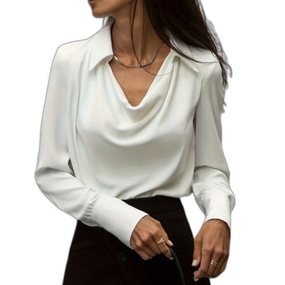 Stylish Tan Satin Blouse for Women with Cowl Neck Long Sleeve Office Style