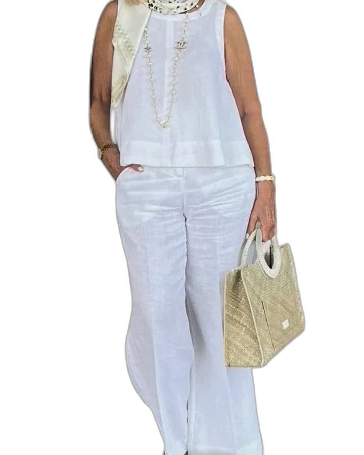 Stylish White Linen Two Piece Set for Women with Wide Leg Vacation Style