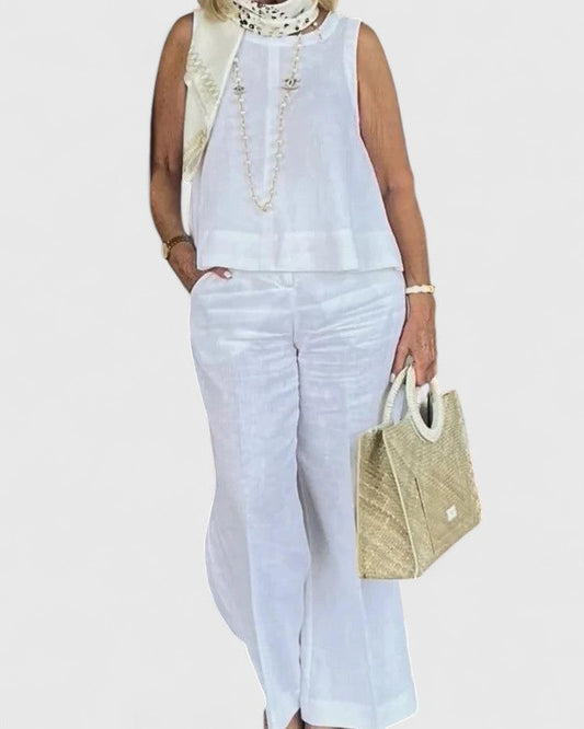 Stylish White Linen Two Piece Set for Women with Wide Leg Vacation Style