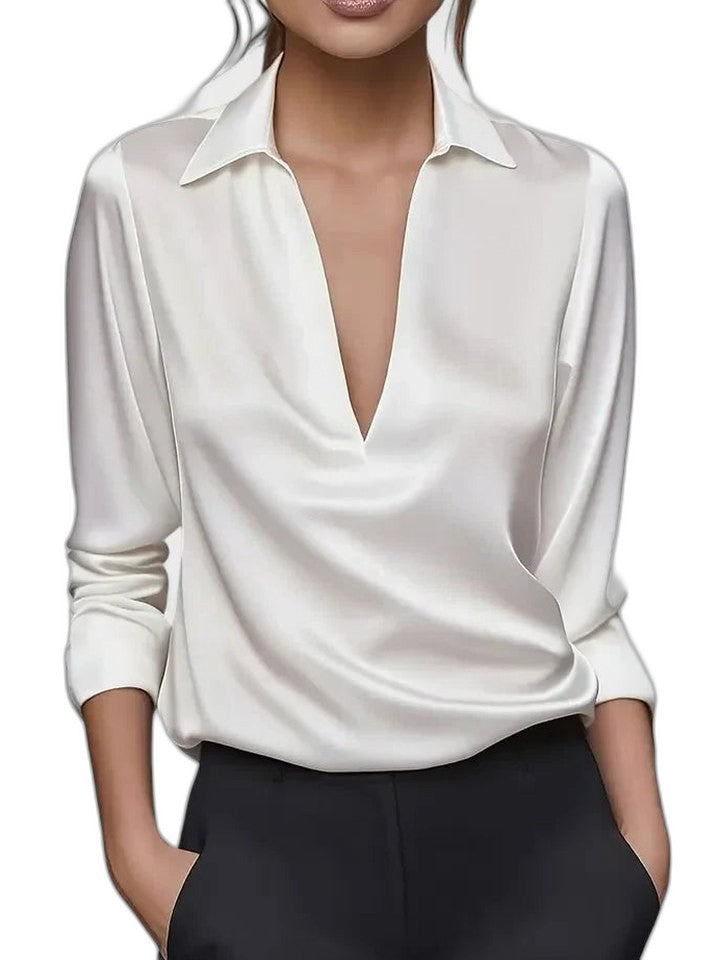 Stylish White Satin Blouse for Women with Collared Long Sleeve Office Style