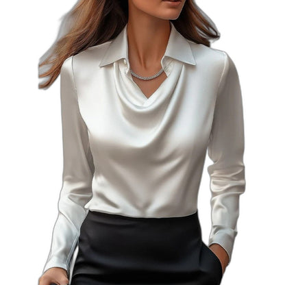 Stylish White Satin Blouse for Women with Collared Long Sleeve Office Style