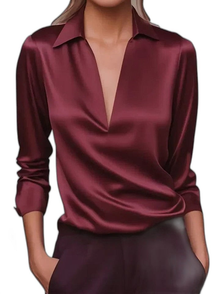 Stylish White Satin Blouse for Women with Collared Long Sleeve Office Style