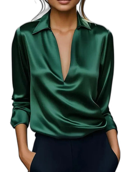 Stylish White Satin Blouse for Women with Collared Long Sleeve Office Style