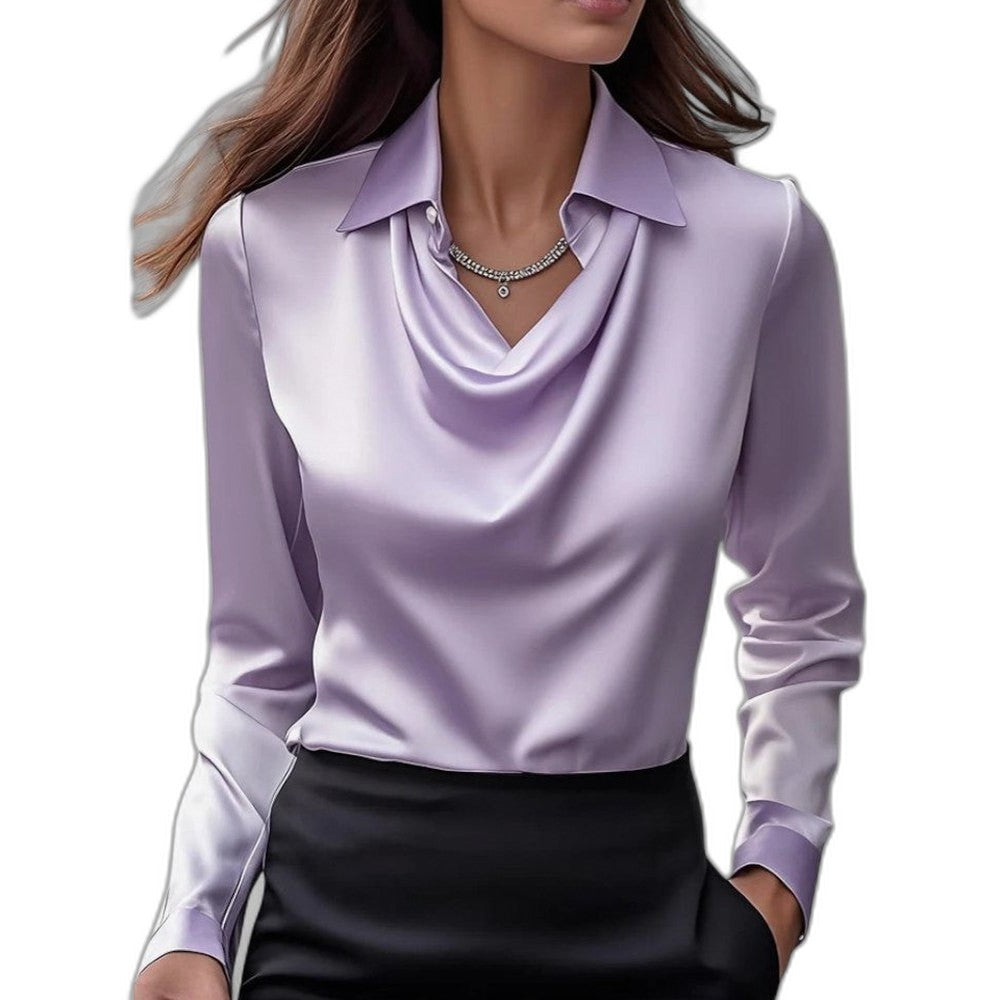 Stylish White Satin Blouse for Women with Collared Long Sleeve Office Style