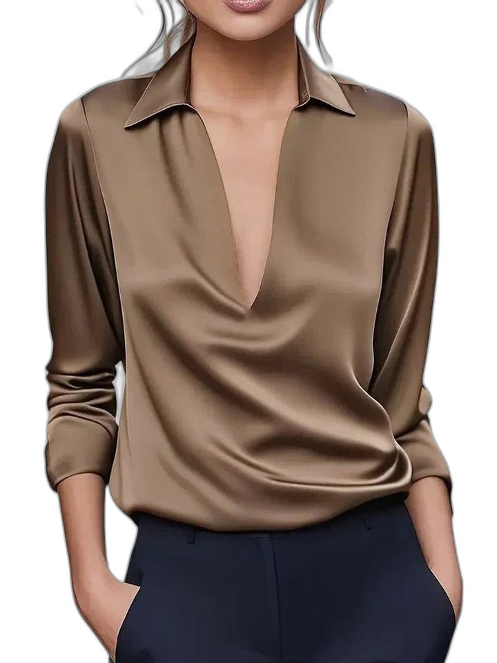 Stylish White Satin Blouse for Women with Collared Long Sleeve Office Style